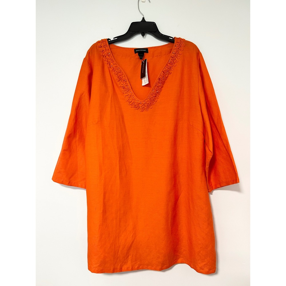 Ashley Stewart Orange Linen Blend Ruffle Beaded V-Neck Tunic Top Size 22 NWT